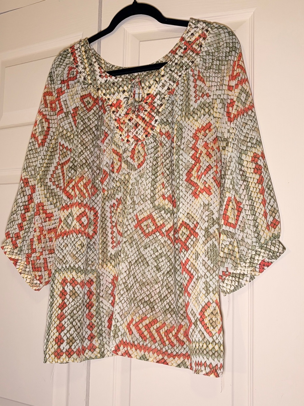 Alfred Dunner Olive, Coral & Cream Geo Print Tunic
